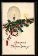 AK Gesegnete Weihnachtstage, Tannenzweig Mit Kerzen Und Reichsfahnenband  - Oorlog 1914-18