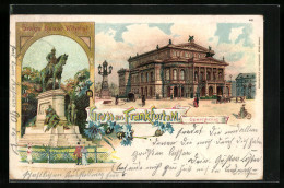 Lithographie Frankfurt A. M., Opernhaus, Denkmal Kaiser Wilhelm  - Frankfurt A. Main