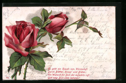 Lithographie Rote Rosen Mit Knospen  - Sonstige & Ohne Zuordnung