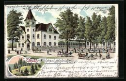 Lithographie Langebrück, Kurhaus Mit Kutschen Und Kurgästen, Waldlichtung Mit Jäger Und Hund  - Sonstige & Ohne Zuordnung