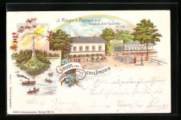 Lithographie Berlin-Grunewald, J. Rieger`s Restaurant Schildhorn, Schildhorn-Denkmal  - Grunewald