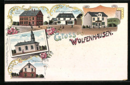 Lithographie Wolfenhausen, Neue Schule, Handlung V. Ludwig Raab, Kirche, Pfarrhaus  - Autres & Non Classés