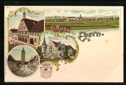 Lithographie Ebern, Rathaus, Strassenpartie Am Grauturm, Schloss Eyrichshof, Totalansicht  - Autres & Non Classés