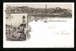 Lithographie Zusmarshausen, Strassenpartie Mit Kirche, Totalansicht  - Autres & Non Classés