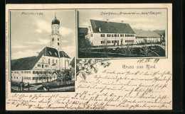 AK Ried, Pfarrkirche Mit Gasthaus Und Brauerei Von Josef Fischer  - Other & Unclassified