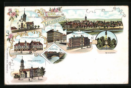 Lithographie Lechhausen, Kirche M. Rathaus, Kath. Mädchen-Schule, Lechbrücke, Kriegerdenkmal  - Andere & Zonder Classificatie