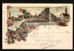 Lithographie Schwabmünchen, Krieger-Denkmal, Oberer Markt, Marktplatz, Strassenpartie  - Other & Unclassified