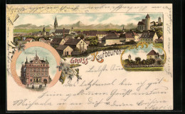 Lithographie Kaufbeuren, Rathhaus, Hexenthurm, Ortsansicht  - Kaufbeuren