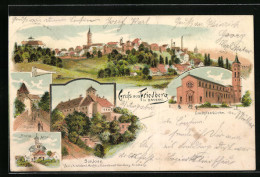 Lithographie Friedberg /Bay., Stadtpfarrkirche, Schloss, Ortsansicht  - Friedberg