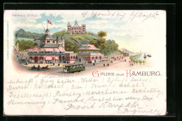 Lithographie Hamburg-St. Pauli, Gasthaus Fährhaus Mit Strassenbahn  - Mitte