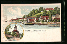 Lithographie Lauenburg A. D. Elbe, Alter Schlossturm, Uferpartie Mit Salondampfer  - Lauenburg