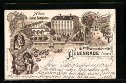 Lithographie Neuenrade I. Westf., Hotel Heinrich Schroeder, Wall Mit Kaiser Wilhelm I.-Denkmal  - Autres & Non Classés