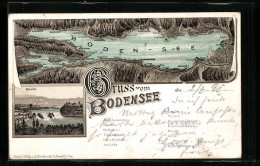 Vorläufer-Lithographie Konstanz / Bodensee, 1895, Panorama Mit Meersburg, Romanshorn Und Ludwigshafen, Rheinfall  - Meersburg