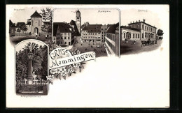 Lithographie Memmingen, Krugstor, Marktplatz, Bahnhof Und Kriegerdenkmal  - Memmingen