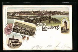 Lithographie Landsberg A. L., St. Katharina Vorstadt, Mutterturm, Stadtpfarrkirche Und Totalansicht  - Landsberg