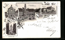 Lithographie Memmingen, Marktplatz Und Martinskirche Mit Bahnhof Und Kempter-Thor  - Memmingen