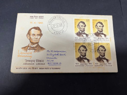 12-5-2024 (4 Z 49) INDIA FDC Cover - 1965 - Abraham Lincoln (posted To Australia With Bloc Of 4 Stamps) - FDC