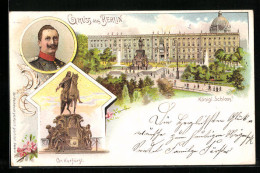 Lithographie Berlin, Kgl. Schloss, Denkmal Gr. Kurfürst, Portrait Kaiser Wilhelm II.  - Mitte