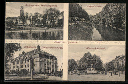 AK Berlin-Spandau, Rathaus, Städt. Hallenschwimmbad, Bismarckdenkmal  - Spandau