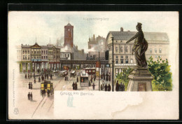 Lithographie Berlin, Alexanderplatz Mit Blick Auf Das Rote Rathaus, Strassenbahnen U. Eisenbahnbrücke  - Mitte