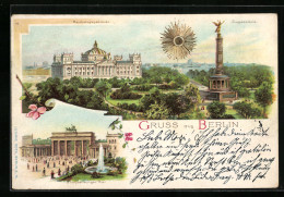 Sonnenschein-AK Berlin-Tiergarten, Siegessäule, Reichstagsgebäude, Brandenburger Thor  - Dierentuin