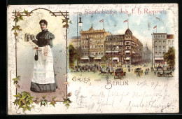 Lithographie Berlin, Gasthaus Hopfenblüthe F. H. Rieprich Aus Der Vogelschau, Kellnerin  - Mitte