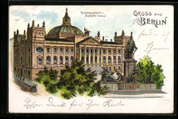 Lithographie Berlin, Reichstagsgebäude Und Bismarck-Denkmal Mit Strassenbahn  - Tiergarten