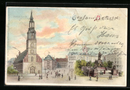 Lithographie Berlin, Neuer Markt, Luther-Denkmal Und Marienkirche  - Mitte