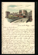 Lithographie Berlin, Jannowitzbrücke Mit Eisenbahnzug Und Strasse  - Mitte