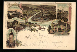 Lithographie Baden, Casino, Schartenfels, Schloss Stein, Stadt. Thurm  - Baden