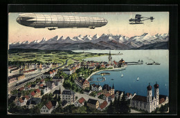 AK Friedrichshafen, Zeppelin-Luftschiff & Flugzeug über Neuer Uferstrasse  - Zeppeline