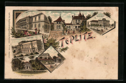 Lithographie Teplitz, Schlossberg-Restaurant, Kaiserbad, Stadtbad, Schlossgarten, Theater  - Czech Republic