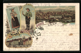 Lithographie Eger, Marktplatz, Egerländer Paar In Tracht  - Tchéquie