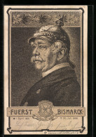 Lithographie Bismarck, Seitenportrait Mit Pickelhelm, Wappen  - Historische Persönlichkeiten