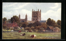 Künstler-AK Sign. A.R. Quinton: Tewkesbury Abbey Und Kuhherde  - Autres & Non Classés