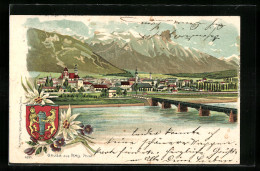 Lithographie Hall I. Tirol, Ortsansicht Von Der Gegenüberliegenden Flussseite Her, Wappen  - Andere & Zonder Classificatie