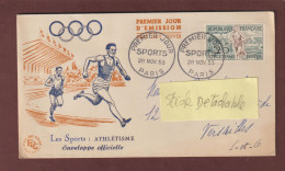 961 De 1953 - Enveloppe 1er Jour à PARIS Le  28/11/1953 - SPORT - JEUX OLYMPIQUE D'HELSINKI - ATHLÉTISME - 2 Scan - 1950-1959