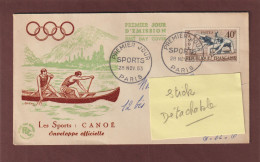 963 De 1953 - Enveloppe 1er Jour à PARIS Le  28/11/1953 - SPORT - JEUX OLYMPIQUE D'HELSINKI - CANOË - 2 Scan - 1950-1959