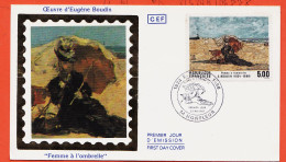 31052  / ⭐ (•◡•) FDC Soie N°2474 ◉ Femme à Ombrelle Eugène BOUDIN ◉ 1er Jour Emission HONFLEUR 28 Mai 1987 F.D.C CEF - 1980-1989