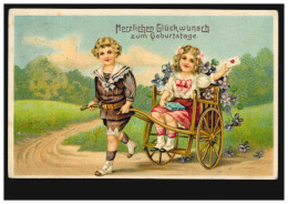 Prägekarte Junge Und Mädchen Mit Wagen Veilchenblumen Brief, PAUNSDORF 28.1.1913 - Altri & Non Classificati