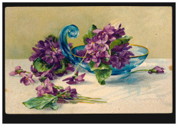 Prägekarte Stillleben: Blaue Glasvase Mit Violetten Blumen, WIEDENBRÜCK 23.8.10 - Autres & Non Classés