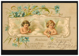 Prägekarte Zwei Lächelnde Engel Mit Blumen, Gelaufen 1903 - Other & Unclassified