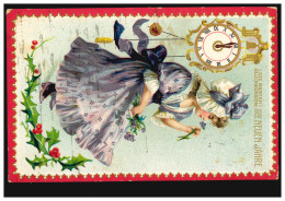 Prägekarte Neujahr Mädchen Im Violetten Kleid Silvesteruhr, WILLICH 31.12.1910 - Autres & Non Classés