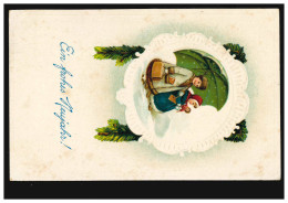 Prägekarte Neujahr Kinderpaar Mit Puppe Und Regenschirm, WERDUM 1914 - Autres & Non Classés