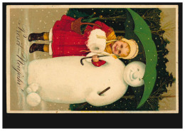 Prägekarte Neujahr Mädchen Mit Muff Schirm Schneemann, MÜNCHEN 31.12.1907 - Sonstige & Ohne Zuordnung