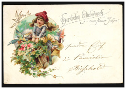 Ansichtskarte Neujahr Mädchen Mit Vielen Blumen Und Vogel, DEUBEN 1.1.1902 - Neujahr