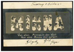 Ansichtskarte Vornamen: Minna, Frauenbilder Formen Namen, FRIEDBERG 1.10.1904 - Voornamen