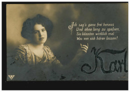 Ansichtskarte Vornamen: Karl, Wartende Frau Mit Spruch, Feldpost 8.4.1916 - Firstnames