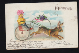 Tiere-AK Ostern -Trabrennen: Hase Mit Sulky Und Küken, KOMAROM 16.3.1899 - Altri & Non Classificati