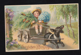 Tiere-AK Pfingsten Hund Zieht Wagen Mädchen Blumen Maikäfer, PLAUEN 6.6.1919 - Perros